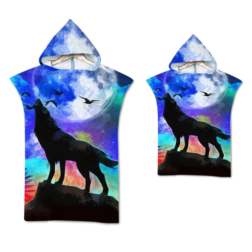 Wolf Large Beach Towel Bath Towel Quick Dry Towels Hooded Cloak Wetsuit Adult Child Parent-Child Poncho Bathrobe for Swim Surf