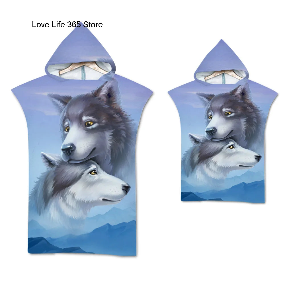 Wolf Large Beach Towel Bath Towel Quick Dry Towels Hooded Cloak Wetsuit Adult Child Parent-Child Poncho Bathrobe for Swim Surf