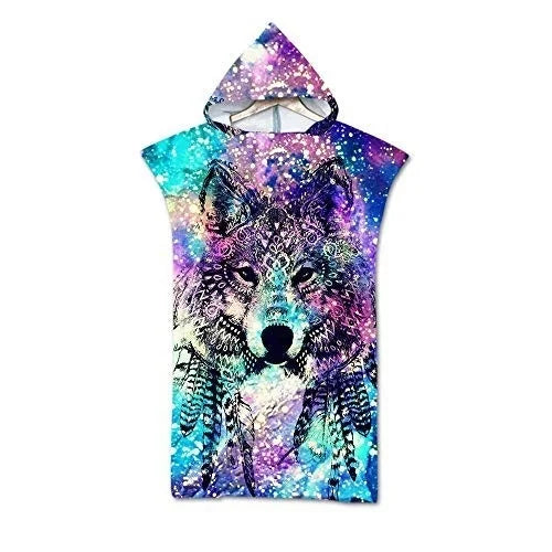 Wolf Large Beach Towel Bath Towel Quick Dry Towels Hooded Cloak Wetsuit Adult Child Parent-Child Poncho Bathrobe for Swim Surf