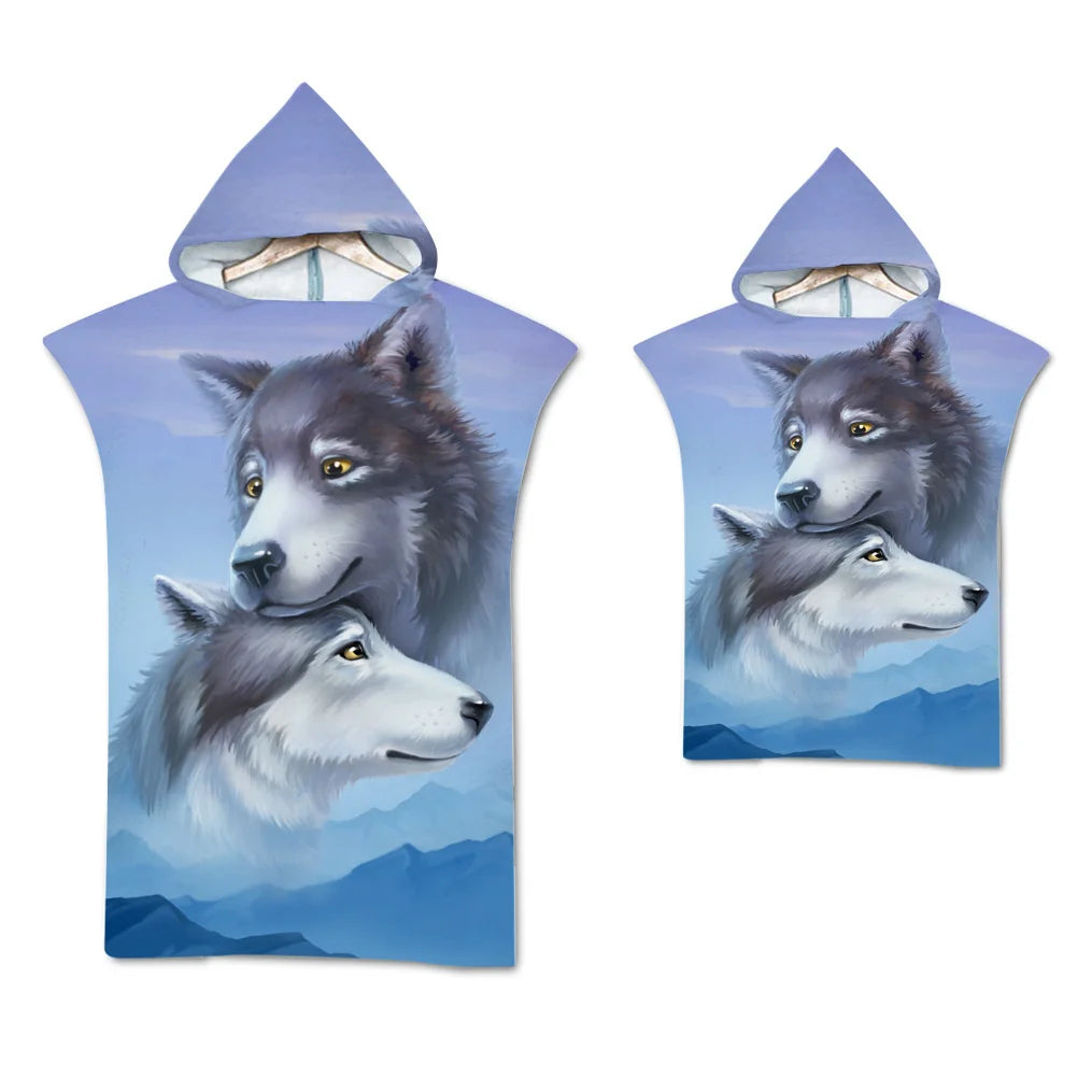 Wolf Large Beach Towel Bath Towel Quick Dry Towels Hooded Cloak Wetsuit Adult Child Parent-Child Poncho Bathrobe for Swim Surf