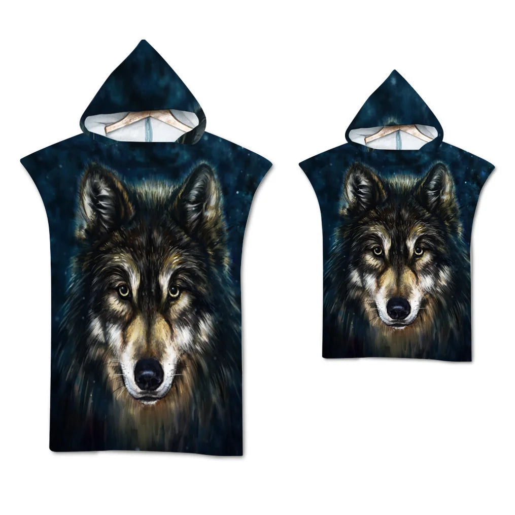 Wolf Large Beach Towel Bath Towel Quick Dry Towels Hooded Cloak Wetsuit Adult Child Parent-Child Poncho Bathrobe for Swim Surf