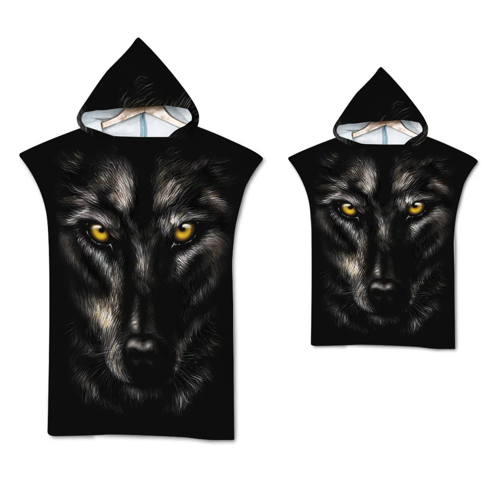 Wolf Large Beach Towel Bath Towel Quick Dry Towels Hooded Cloak Wetsuit Adult Child Parent-Child Poncho Bathrobe for Swim Surf