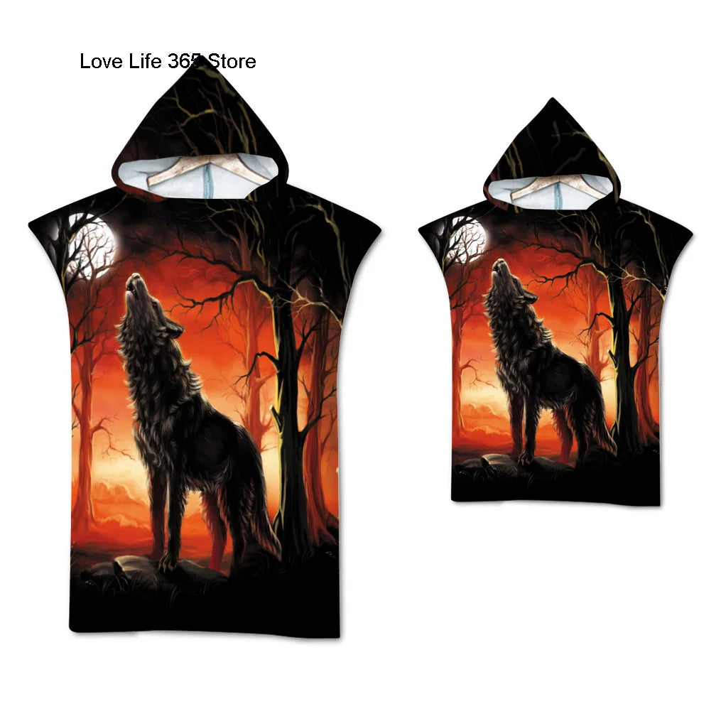 Wolf Large Beach Towel Bath Towel Quick Dry Towels Hooded Cloak Wetsuit Adult Child Parent-Child Poncho Bathrobe for Swim Surf