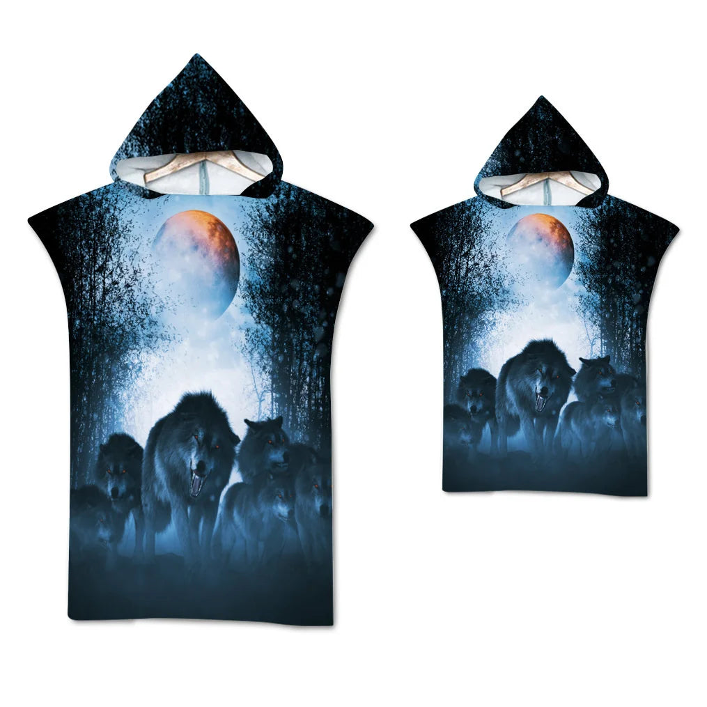 Wolf Large Beach Towel Bath Towel Quick Dry Towels Hooded Cloak Wetsuit Adult Child Parent-Child Poncho Bathrobe for Swim Surf