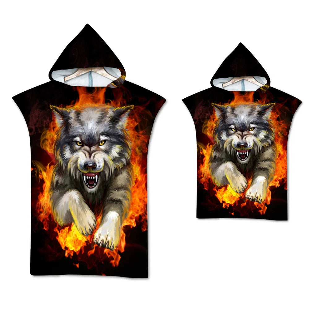 Wolf Large Beach Towel Bath Towel Quick Dry Towels Hooded Cloak Wetsuit Adult Child Parent-Child Poncho Bathrobe for Swim Surf