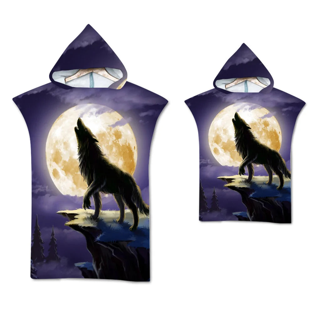 Wolf Large Beach Towel Bath Towel Quick Dry Towels Hooded Cloak Wetsuit Adult Child Parent-Child Poncho Bathrobe for Swim Surf
