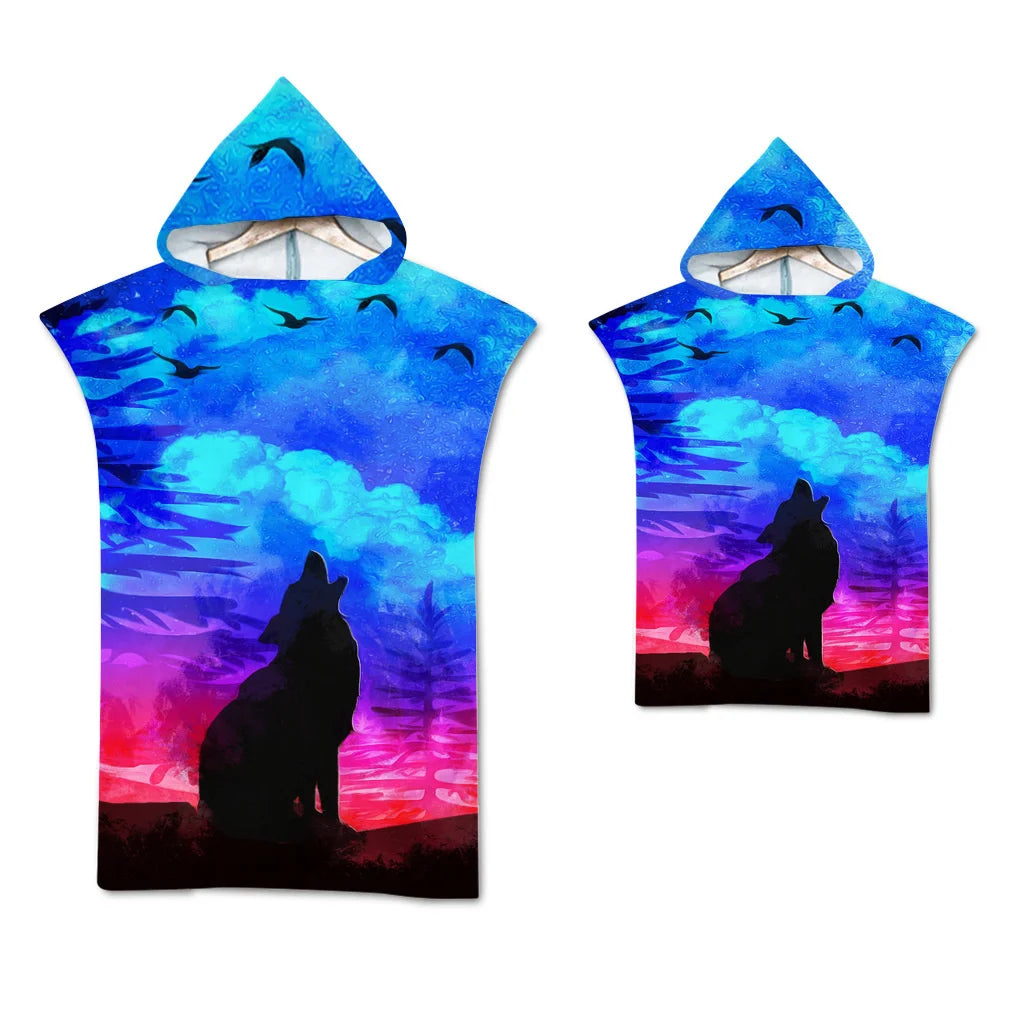 Wolf Large Beach Towel Bath Towel Quick Dry Towels Hooded Cloak Wetsuit Adult Child Parent-Child Poncho Bathrobe for Swim Surf