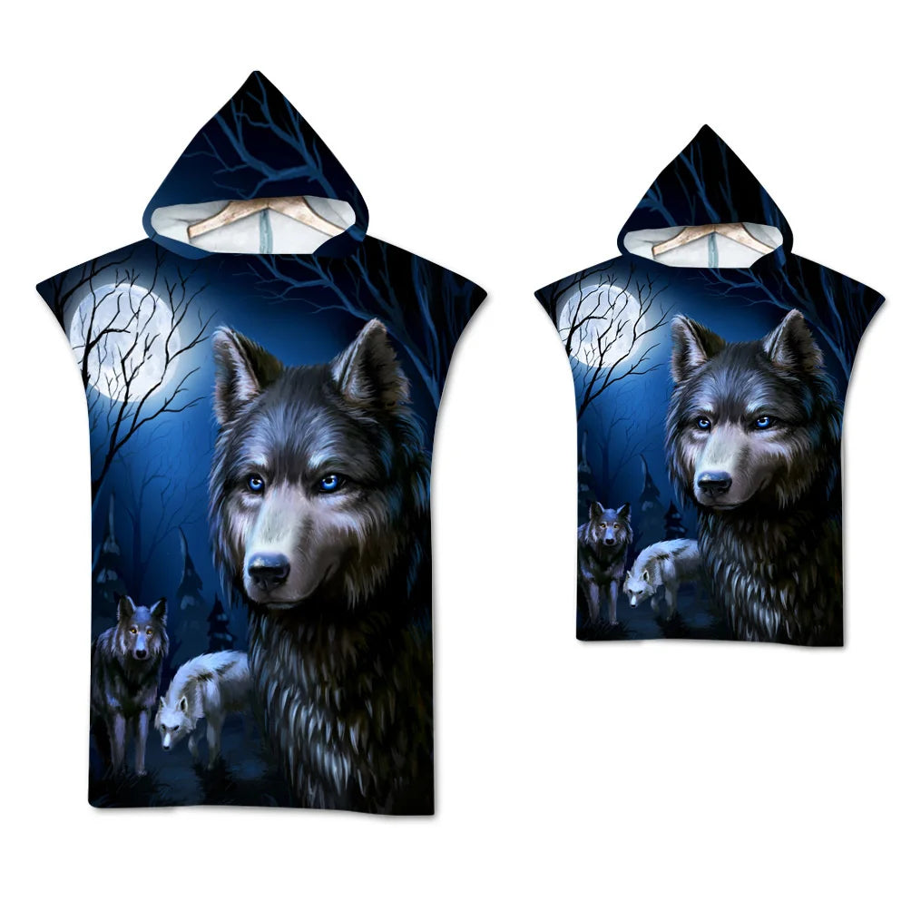 Wolf Large Beach Towel Bath Towel Quick Dry Towels Hooded Cloak Wetsuit Adult Child Parent-Child Poncho Bathrobe for Swim Surf