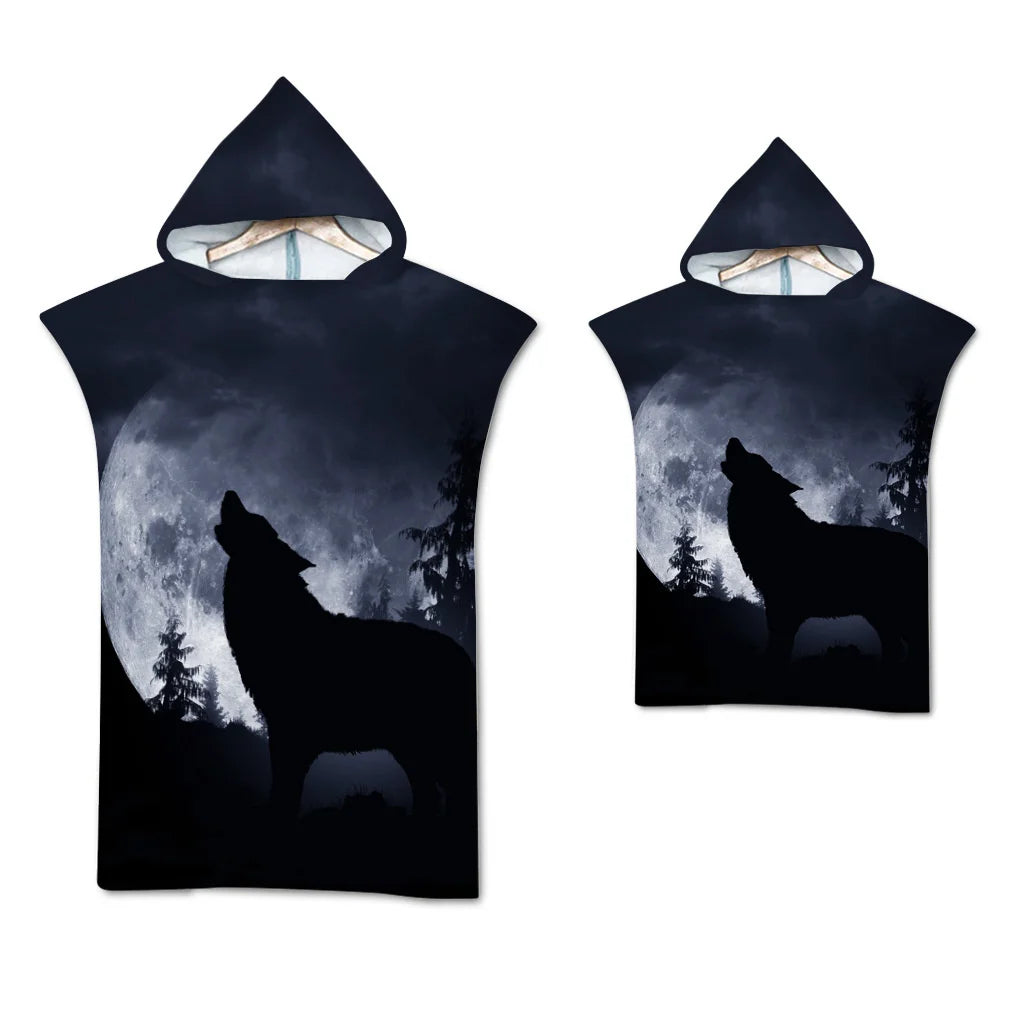 Wolf Large Beach Towel Bath Towel Quick Dry Towels Hooded Cloak Wetsuit Adult Child Parent-Child Poncho Bathrobe for Swim Surf