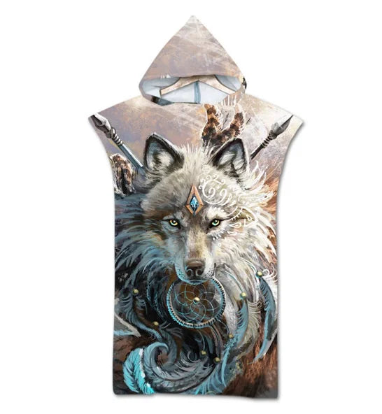 Wolf Large Beach Towel Bath Towel Quick Dry Towels Hooded Cloak Wetsuit Adult Child Parent-Child Poncho Bathrobe for Swim Surf