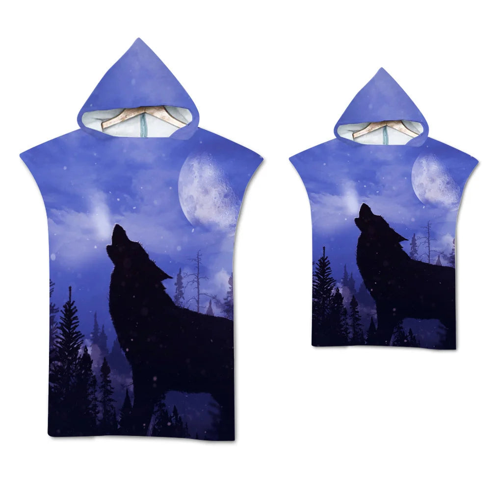 Wolf Large Beach Towel Bath Towel Quick Dry Towels Hooded Cloak Wetsuit Adult Child Parent-Child Poncho Bathrobe for Swim Surf