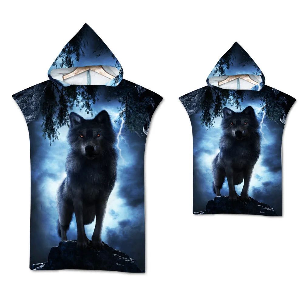 Wolf Large Beach Towel Bath Towel Quick Dry Towels Hooded Cloak Wetsuit Adult Child Parent-Child Poncho Bathrobe for Swim Surf