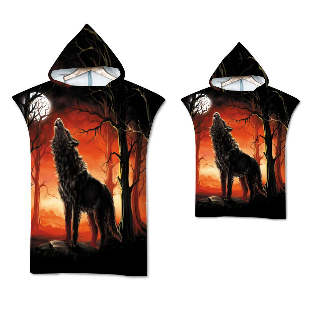Wolf Large Beach Towel Bath Towel Quick Dry Towels Hooded Cloak Wetsuit Adult Child Parent-Child Poncho Bathrobe for Swim Surf