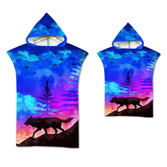 Wolf Large Beach Towel Bath Towel Quick Dry Towels Hooded Cloak Wetsuit Adult Child Parent-Child Poncho Bathrobe for Swim Surf